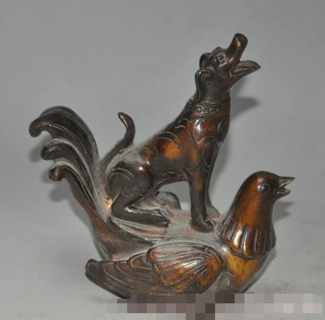 S0527 old chinese fengshui bronze zodiac Chicken Rooster dog Canine wealth statue | Дом и сад