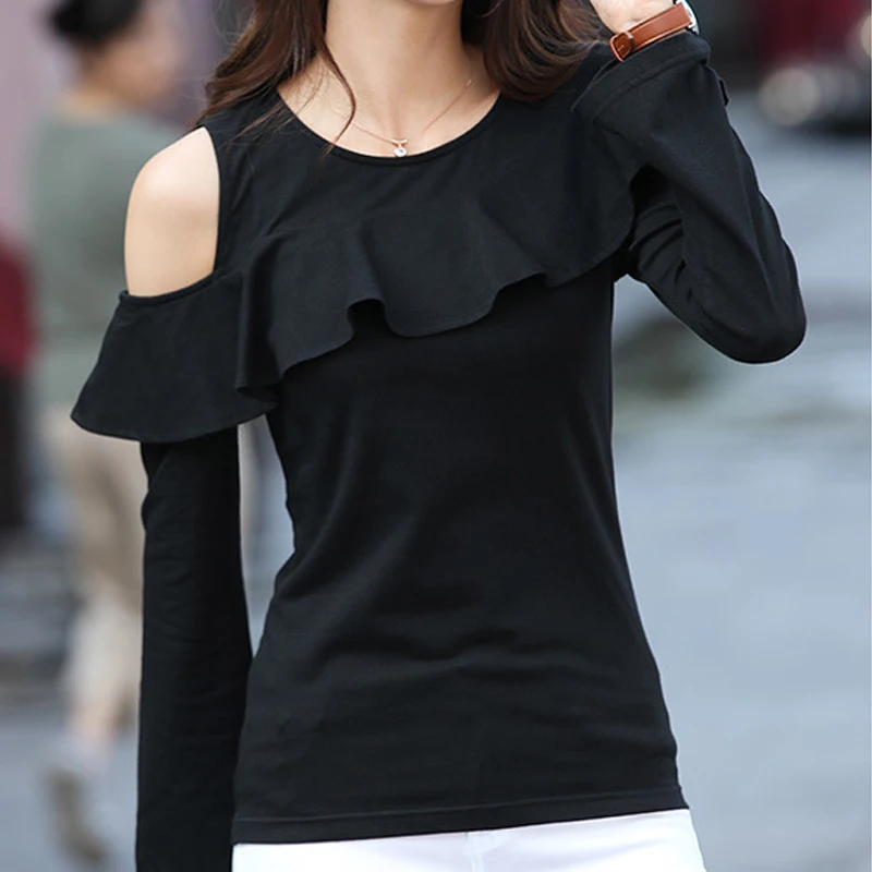 SIMPLISER Ruffled T Shirts Women Long Sleeve Asymmetrical Tee Female Irregular Tops Ladies Elegant 2018 Summer clothing white | Женская