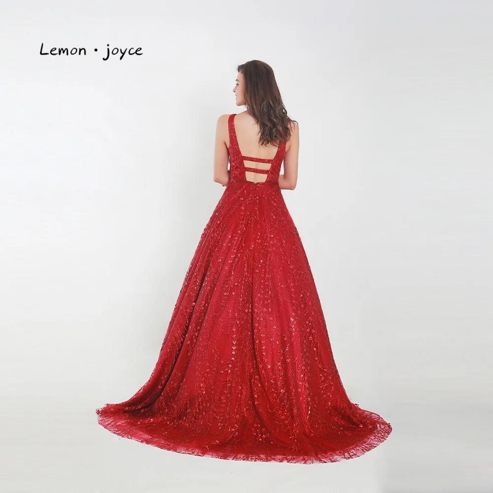 Lemon joyce красные вечерние платья сексуальные с v-образным вырезом без спинки расшитые блестками трапециевидные вечерние платья в пол для выпускного вечера плюс