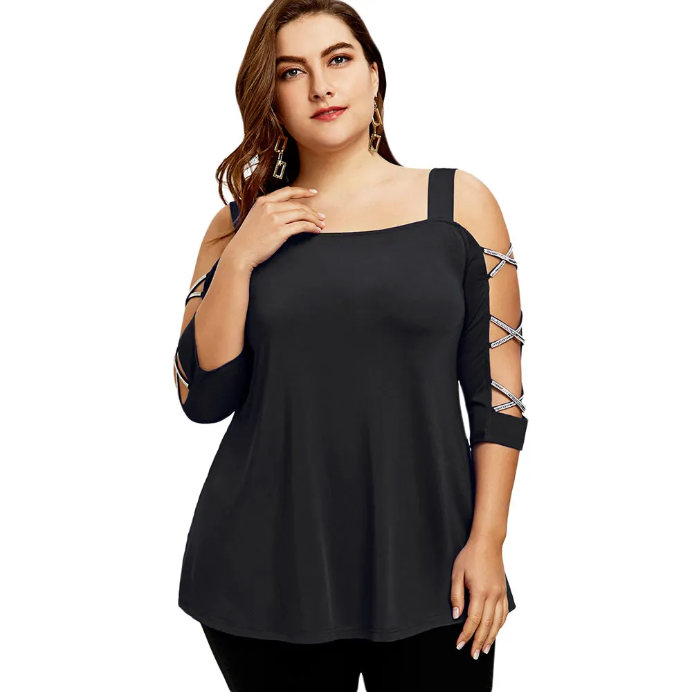Wipalo Womens Fashions Plus Size 5XL T Shirt With Cut Out Cross Sleeve Cold Shoulder Three Quarter Tops Summer Shirts|fashion t-shirt|t-shirt