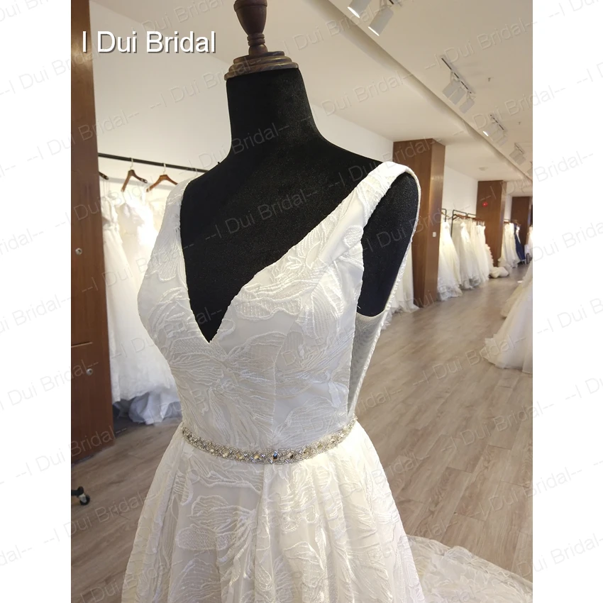 V Neck A line Wedding Dress Solid Lining Crystal Belt Low Back Unique Lace Bridal Gown