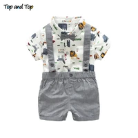 top and top summer toddler baby boy gentleman clothing set short sleeve printed bow tie romper shirt suspenders shorts