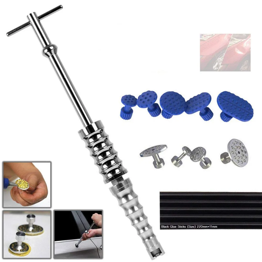 barato Paintless Dent Repair Kit Extrator Dent Extrator Martelo Deslizante T-bar Ferramenta Com 14pcs Remoção Dent Puxando Guias Para O Corpo Do Carro