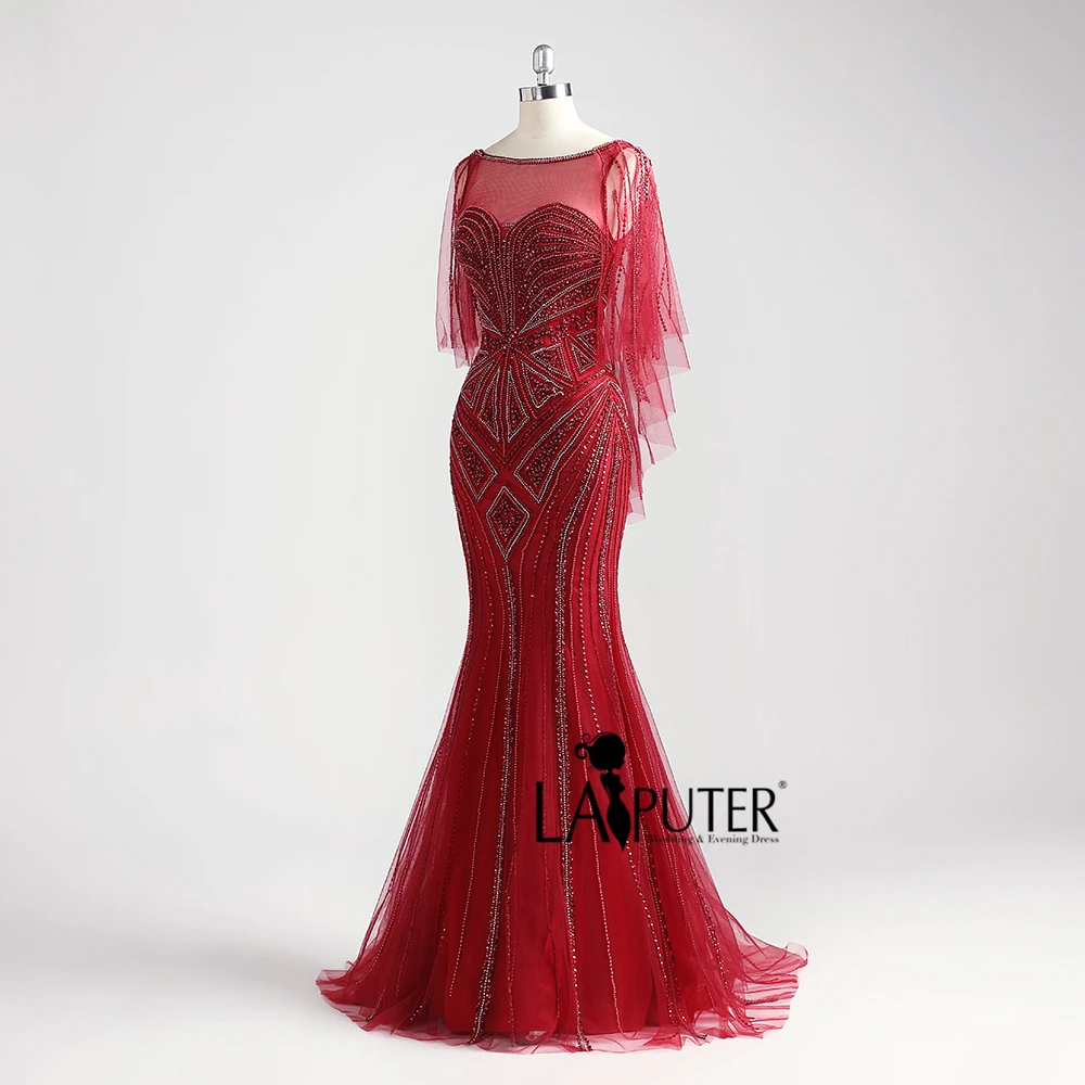 Laiputer 2018 Burgundy Stretch Sexy Mermaid Heavy Beading Luxury Formal Long Elegant Evening Prom Dresses With Shawl | Свадьбы и