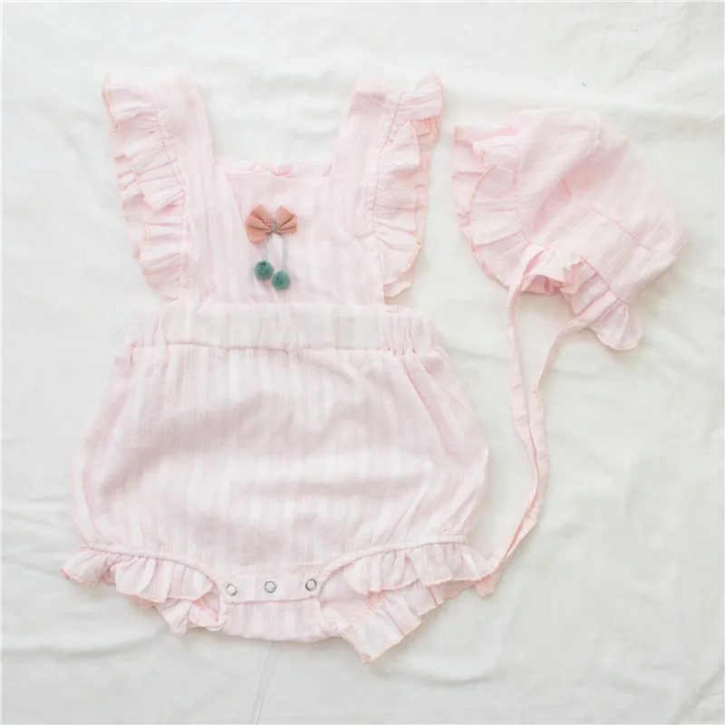light pink with hat EnkeliBB качество; Одежда для новорожденных девочек; комбинезон для маленьких девочек на лето; красивый комбинезон для малышей; детские комбинезоны с оборками в рубчик - Цвет: light pink with hat