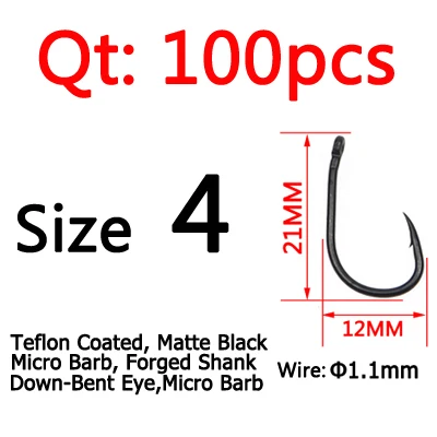 Size 4 100pcs ICERIO 100 шт. матовые черные тефлоновые с покрытием из высокоуглеродистой стали Карп рыболовные крючки Micro Barb Withy бассейн Rig крюк - Цвет: Size 4 100pcs