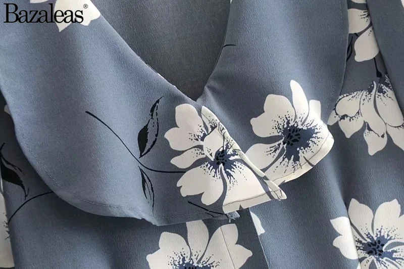 Оборками Длинные платья Тонкий Лепесток рукавом vestidosChiffon синий цветочный принт