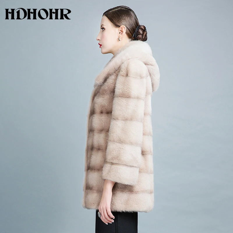 Женские шубы с капюшоном HDHOHR теплые из натурального меха норки длинным рукавом