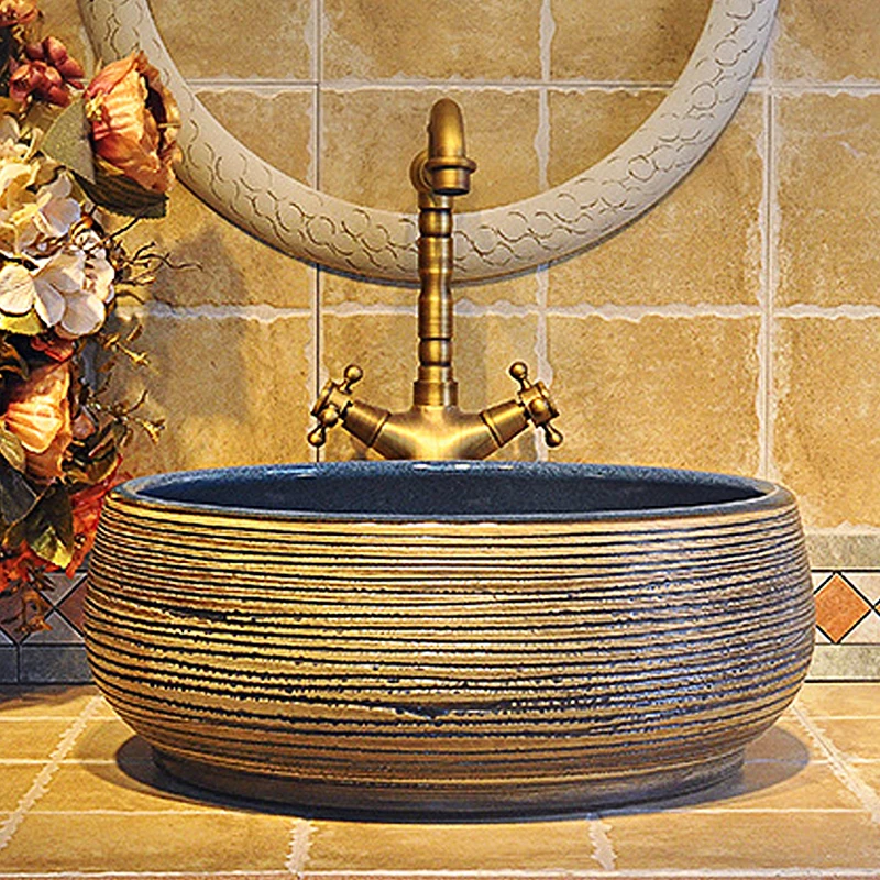waist drum shape antique retro style ceramic wash sink for bathroom