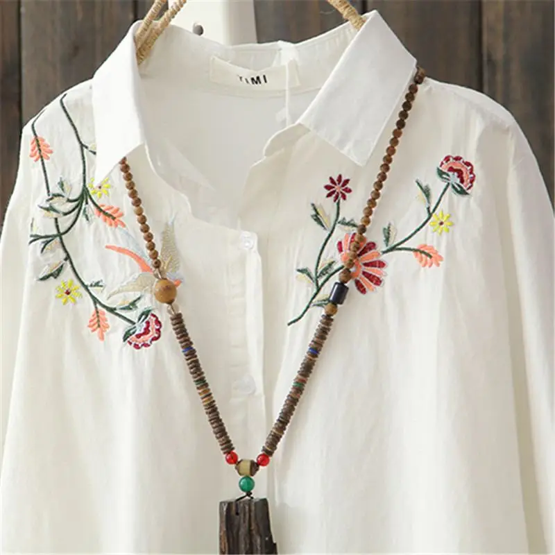 Женская Свободная блузка с вышитым цветком Повседневная рубашка отложным