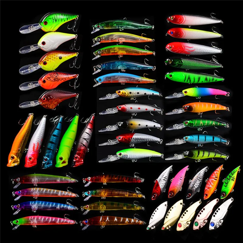 48PCS Minnow Popper Lure Kit Fishing Lure Wobbler Crankbait Minnow Bass Trolling Artificial Bait for Carp Fishing Lures Set