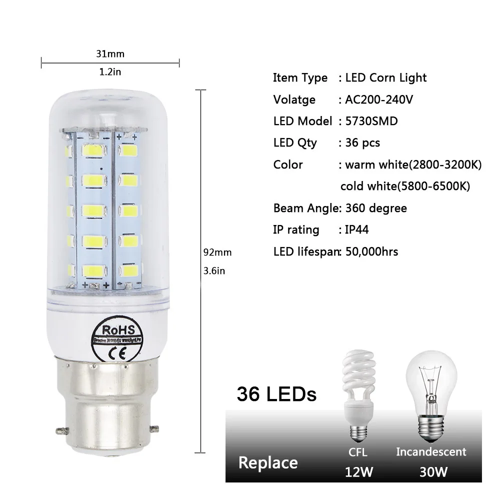 Светодиодная лампа b22 240 в 220 В 7 Вт 12 15 20 72x5730 SMD 30 холодный теплый белый