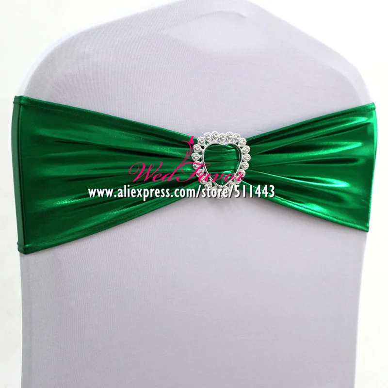 Emerald Green 100 шт блестящая бронзовая эластичная лайкра стул Бант пояс металлик золото спандекс стрейч повязка на стул с пряжкой сердце для свадебного мероприятия - Цвет: Emerald Green