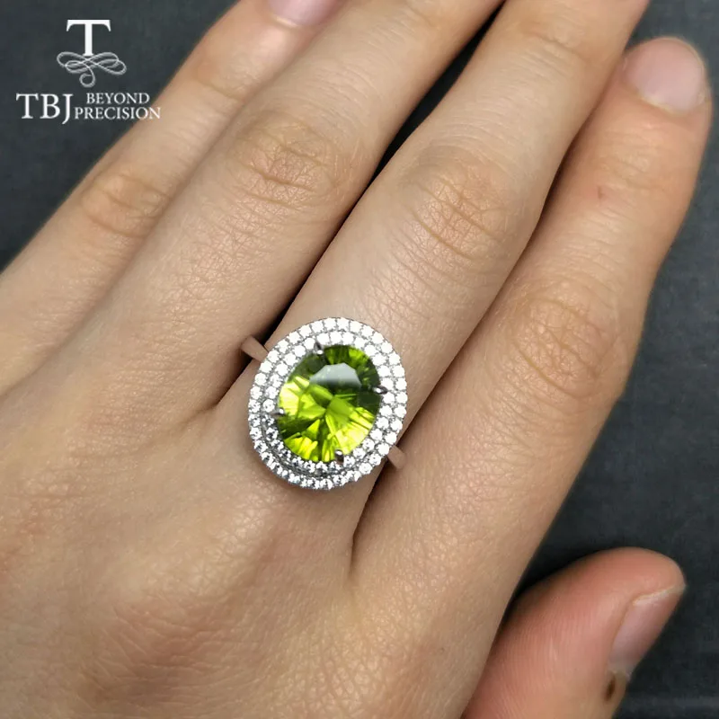 TBJ 100% Натуральный перидот ov8*10 выпуклый огранки 3 карат перидот драгоценный камень кольцо из серебра 925 цветной ювелирные изделия с подарочной коробкой.