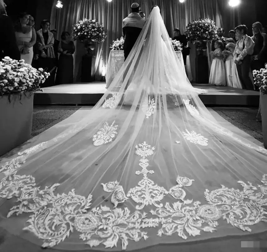 Новая женская свадебная кружевная Фата с аппликацией на заказ Длинная фата