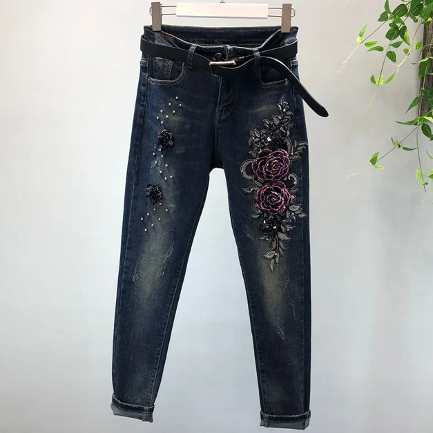 jeans Осень-зима, женские джинсовые куртки с длинным рукавом, пальто с вышивкой+ темно-синие джинсы в стиле ретро, комплект из двух предметов, узкие брюки - Цвет: jeans