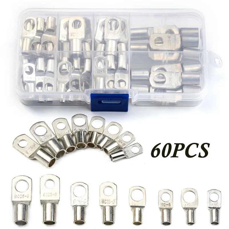 

60 PCS Bare Terminals Tinned Copper Lug Ring Seal Wire Connectors SC Bare Cable Crimped/Soldering Terminal Assorted Kit