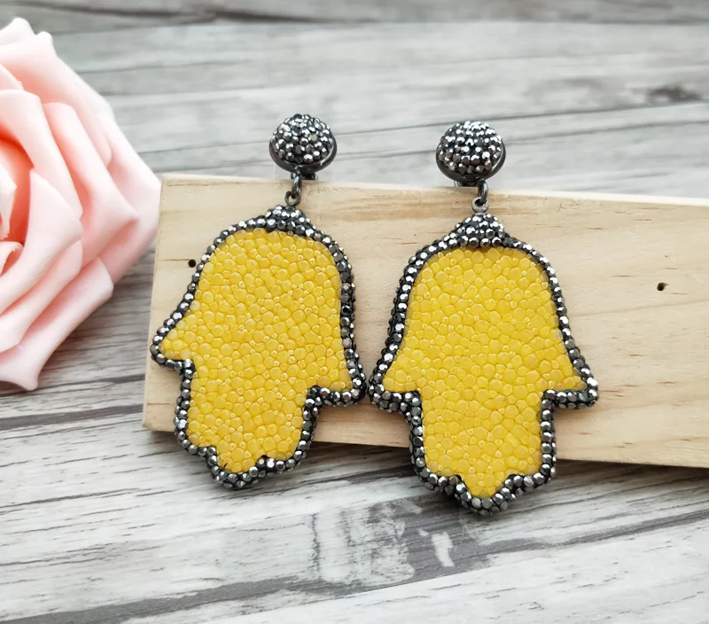 1 pair Natural Fishskin Pave Rhinestone Crystal Zircon Earrings Fashion palm shape Handmade women Jewelry ER690 | Украшения и