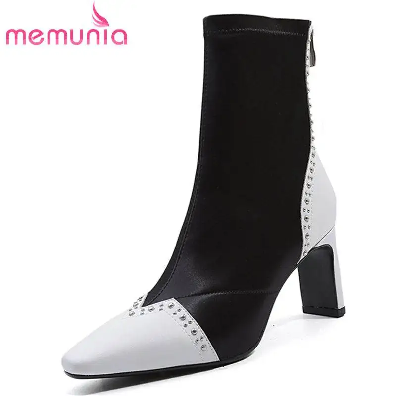 MEMUNIA SIZE 34-42 2020 NEW fashion genuine leather+stretch fabric ankle boots women rhinstone zip high heel casual shoes | Обувь