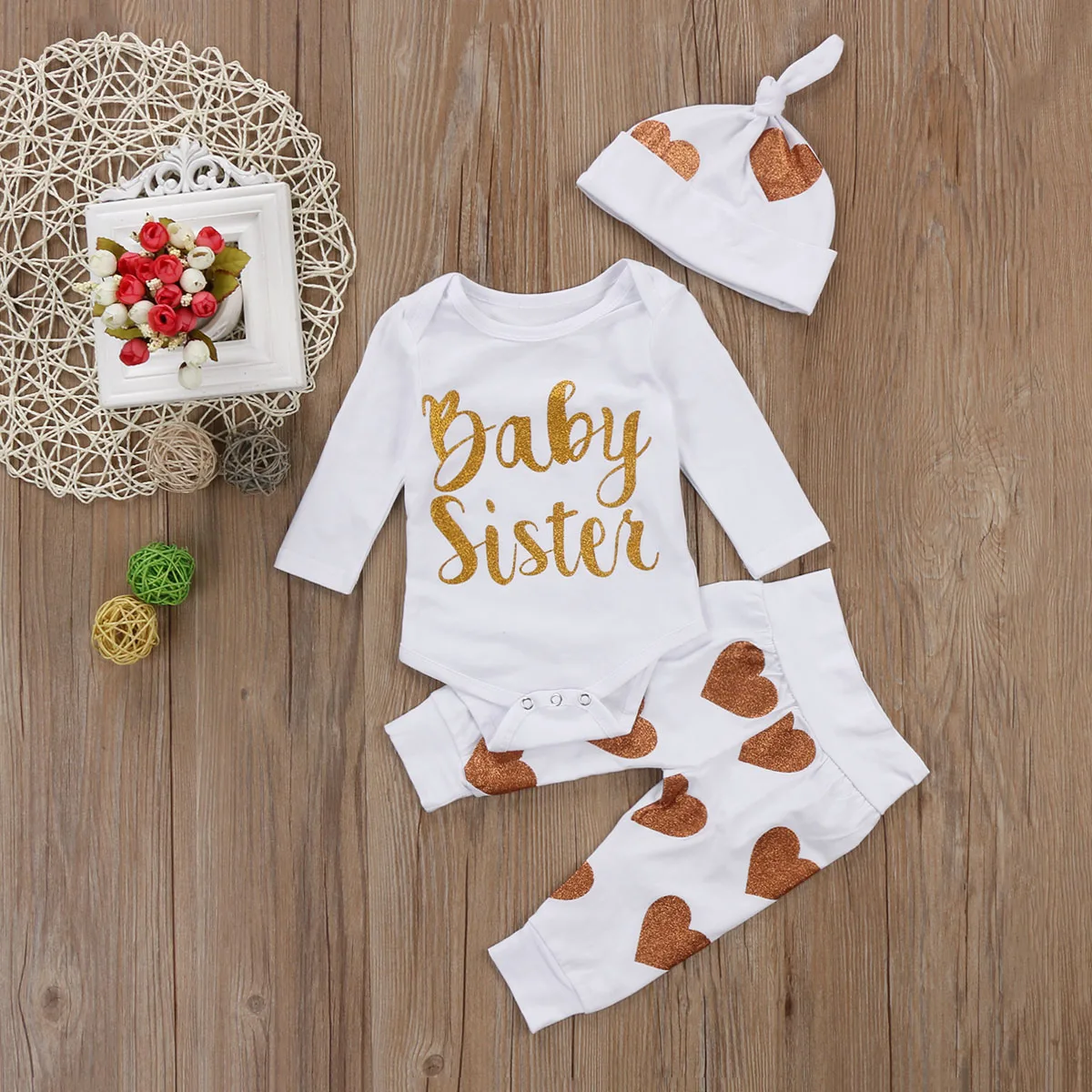 3PCS Newborn Toddler Baby Girl Clothes Autumn Warm Cute Sets Long Sleeve Sisters Romper Jumpsuit Bodysuit Pants Outfit Set | Мать и
