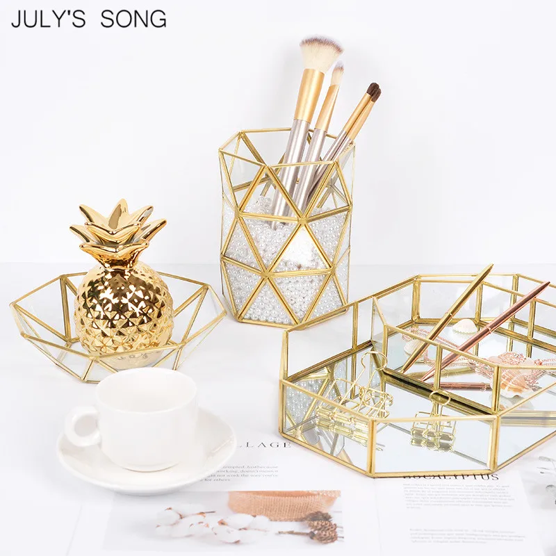 JULY'S SONG Изысканная Золотая стеклянная коробка для хранения, органайзер для макияжа, косметический держатель для кистей, чехол, лотки для мелочей, Декор для дома, офиса, стола