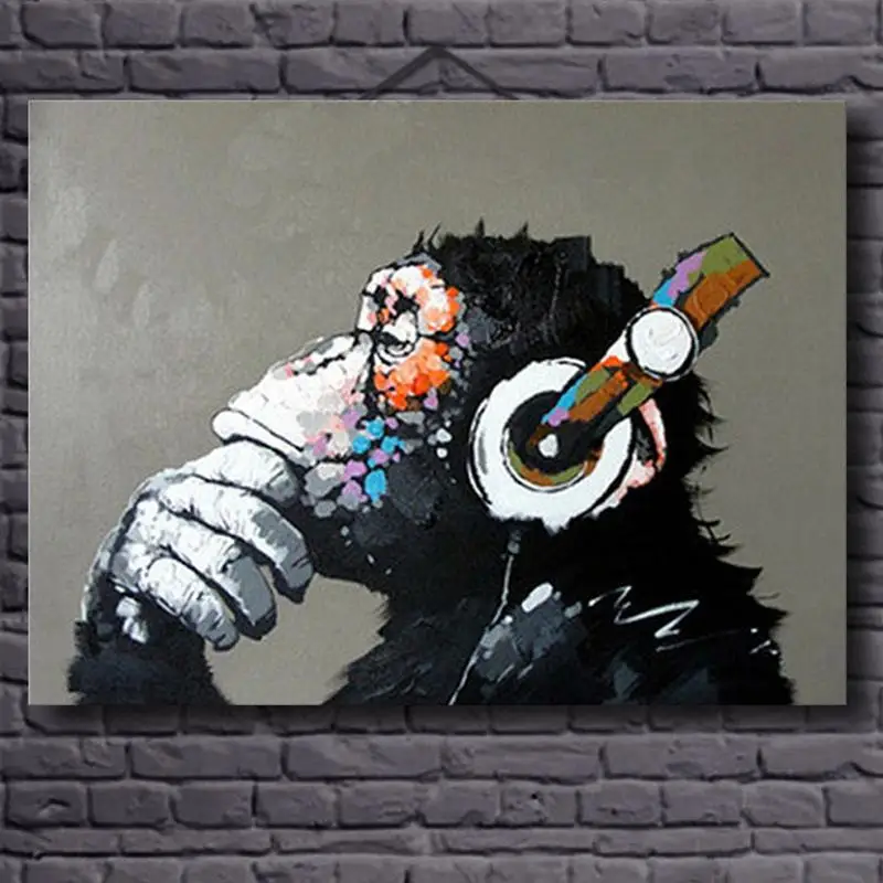 

Hand Painted Canvas Oil Paintings Gorilla Enjoying Music Modern Animals Wall Pictures For Living Room Unframed Canvas Wall Art