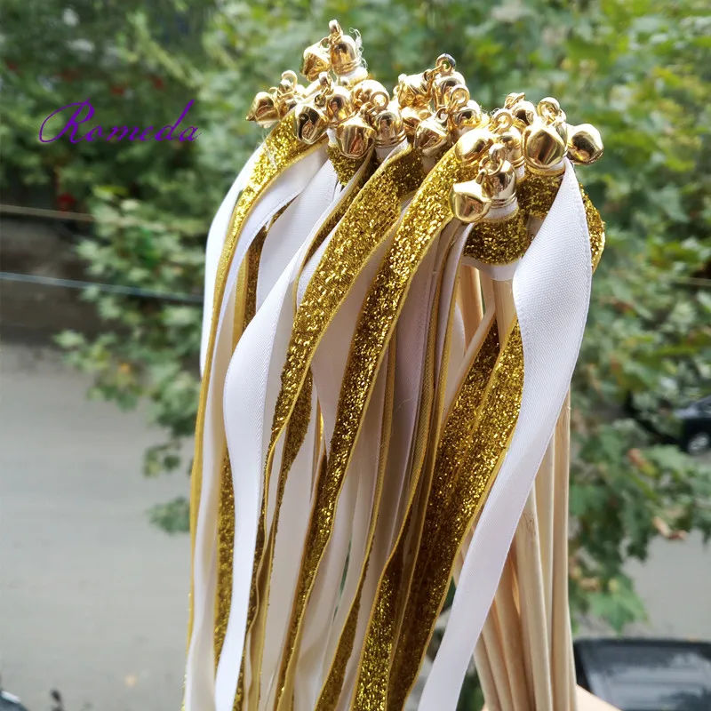 Varitas de cinta de boda de oro y blanco con campana de oro para decoraci&oacute;n de boda, 50 unids/lote, novedad-2