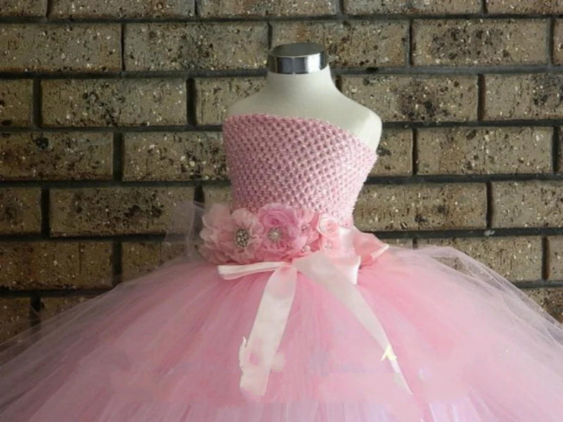 POSH DREAM Pink Flower Girls Wedding Dress with Long Train Belt Kids Birthday Party Tutu Dresses Clothes | Детская одежда и обувь