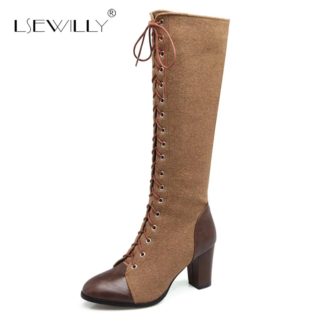 

Lsewilly top quality pu round toe autumn winter boots lace up zipper fashion knee high boots square high heels boots S771