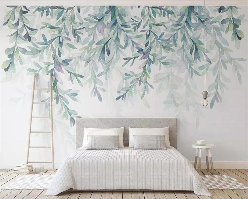 

Beibehang Custom wallpaper small fresh hand-painted watercolor green leaves Nordic minimalist TV background walls 3d wallpaper