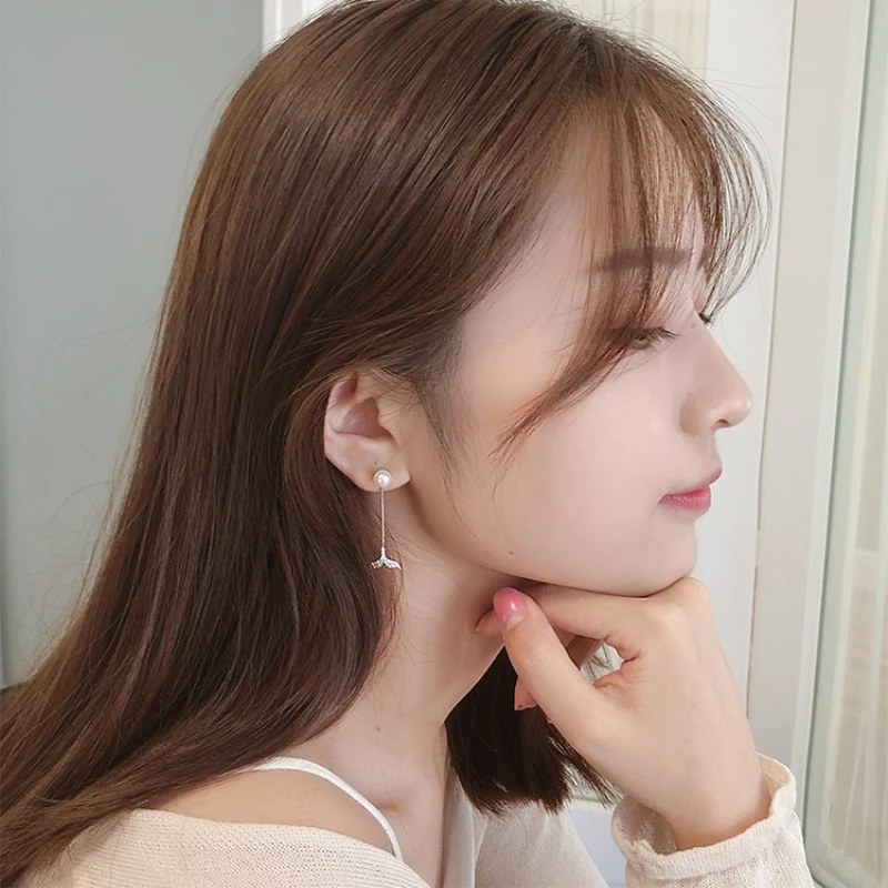 Whale Fishtail Pearl 925 Sterling Silver Temperament Micro-inlay Personality Fashion Female Dangle Earrings SEA306 | Украшения и