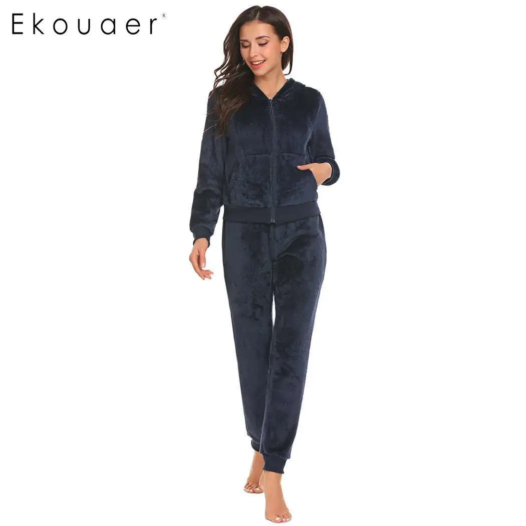Ekouaer/теплые женские пижамные комплекты зимняя одежда для сна из флиса с капюшоном