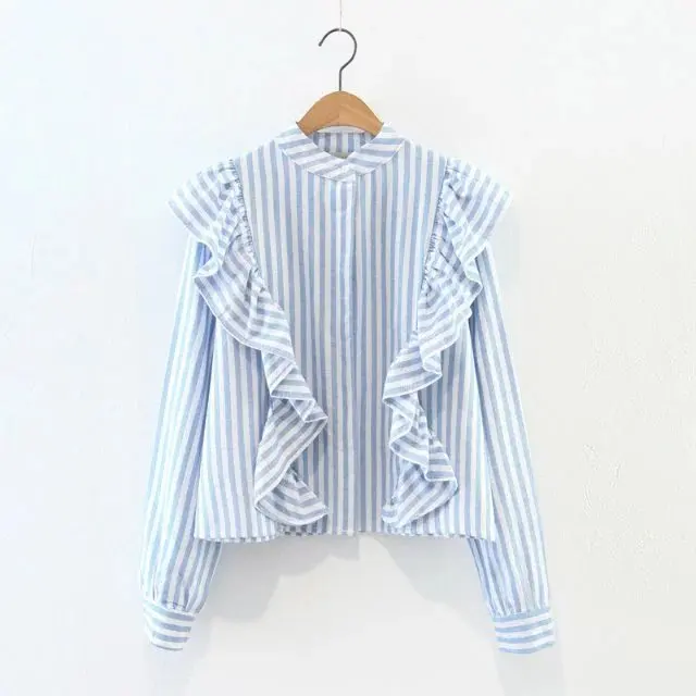 2018 Новинка боди Blusa женские Топы Женская рубашка в полоску с воланами воротник