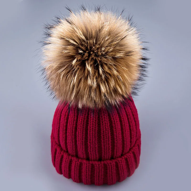 Зимняя женская шапка с помпонами, вязаная шапка Skullies Beanies, Толстая теплая зимняя шапка Beanies, меховая шапка с помпонами, зимний подарок для женщин - Цвет: Red