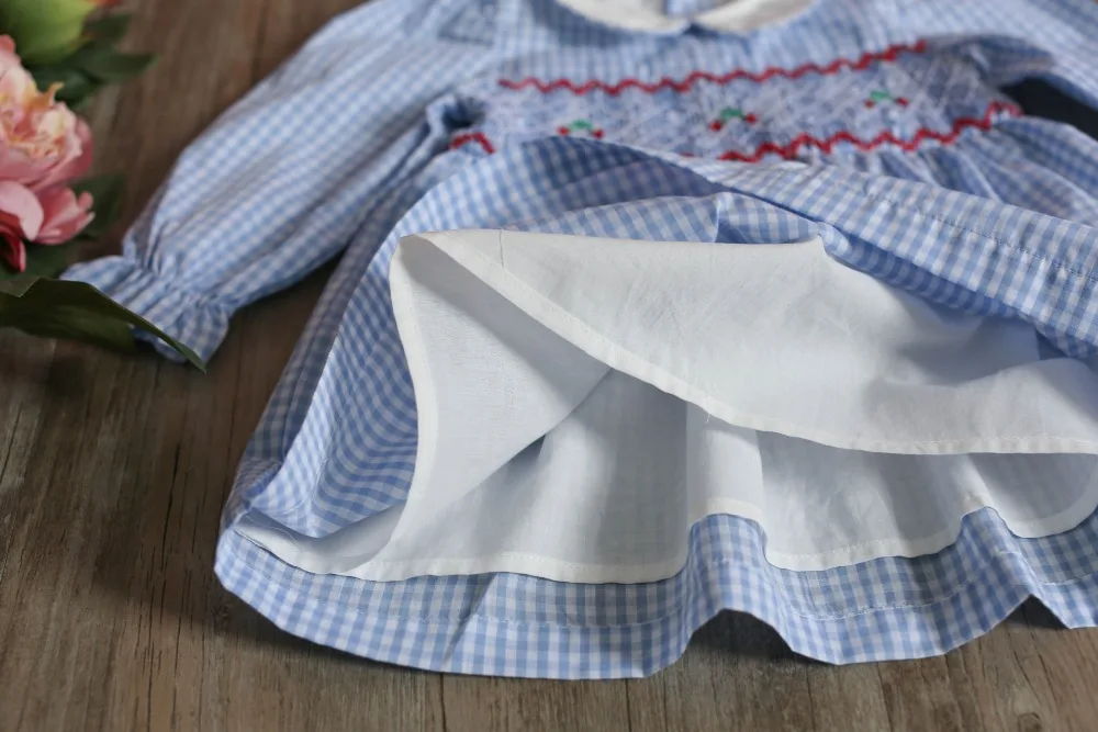Toddler birthday dress long sleeve Peter pan color smocking cherry pattern toddler girls dress baby birthday outfits