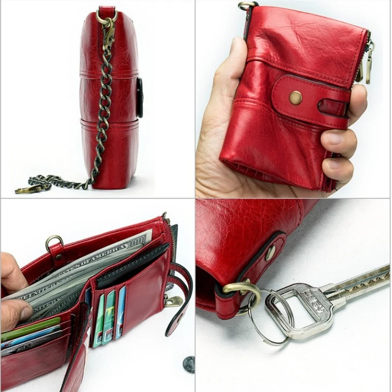 Женский кошелек из воловьей кожи маленький Дамский бумажник красного цвета с