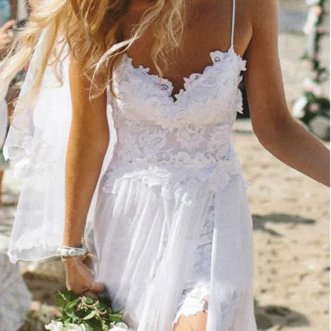 Romantic Summer 2019 Beach Boho Evening Dress Low to High Chiffon Deep V-Neck Spaghetti Strap Lace Bridal Long Dresses | Свадьбы и