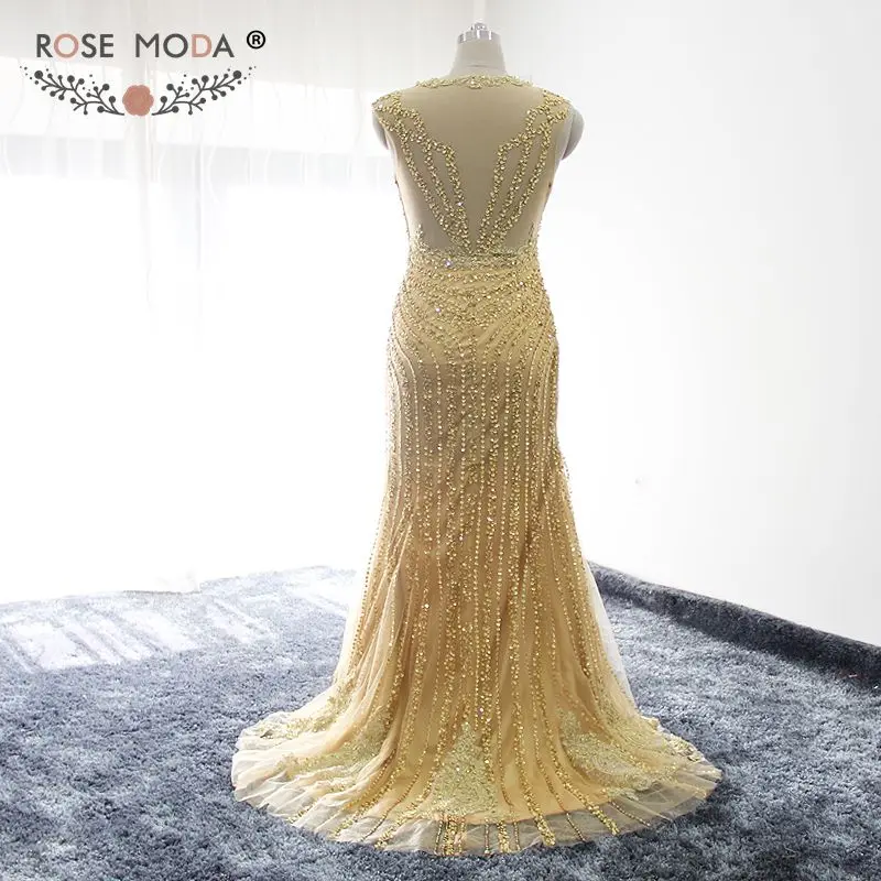 Rose Moda Bling V Neck Gold Mermaid Prom Dress Reflective Dresses 2019