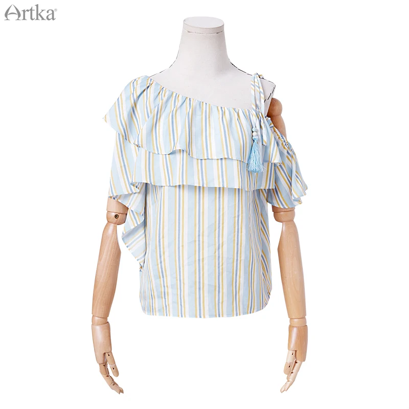Женская шифоновая рубашка с бахромой ARTKA Розовая Шифоновая Блузка в полоску