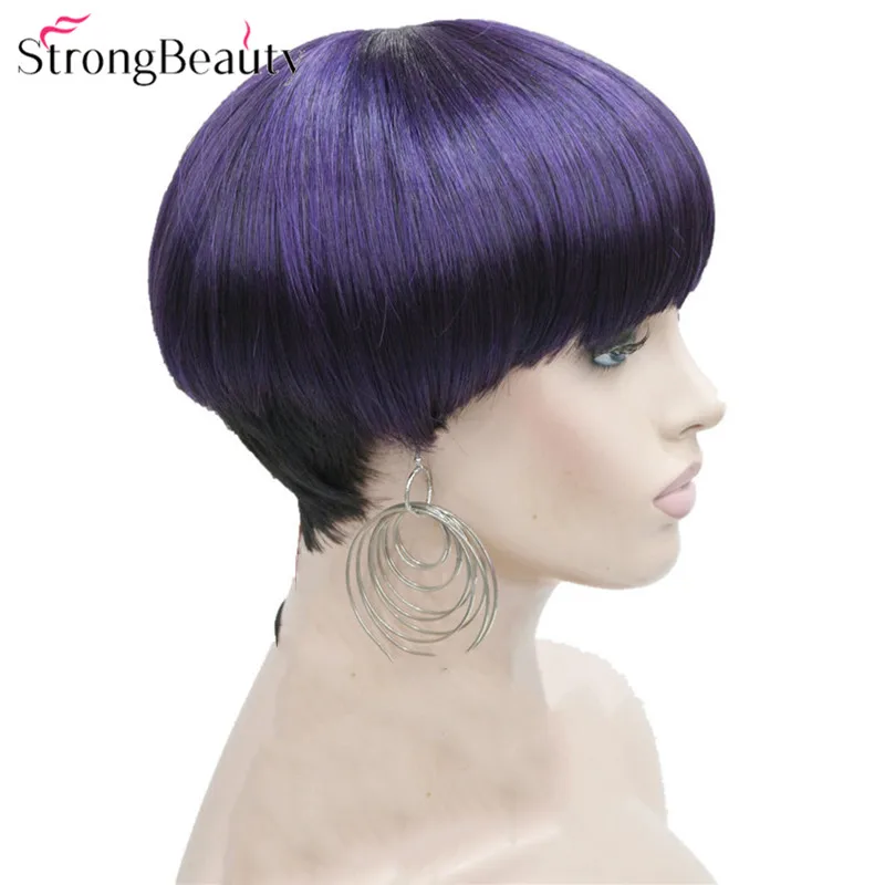 StrongBeauty короткие парики для женщин синтетические коричневые/фиолетовые волосы гриб стрижка волоконный монолитный парик