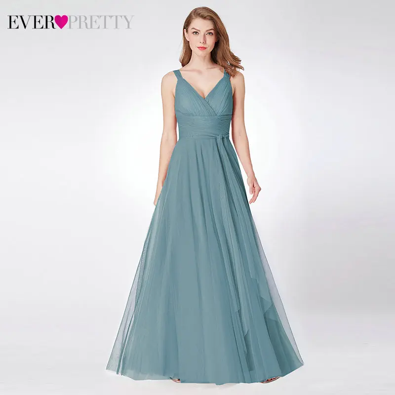 Dusty Blue Длинные платья для выпускного Ever Pretty, платья из тюля с V-образным вырезом, без рукавов, трапециевидного силуэта, сине-зеленого, розового цвета, EP07303, весна-лето - Цвет: Dusty Blue