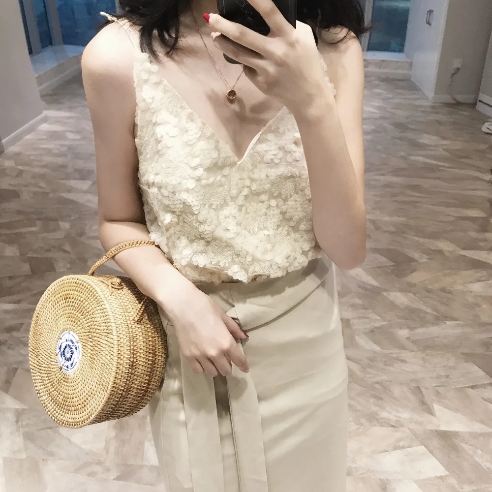 Новый летний женский жилет с блестками топ v образным вырезом без рукавов
