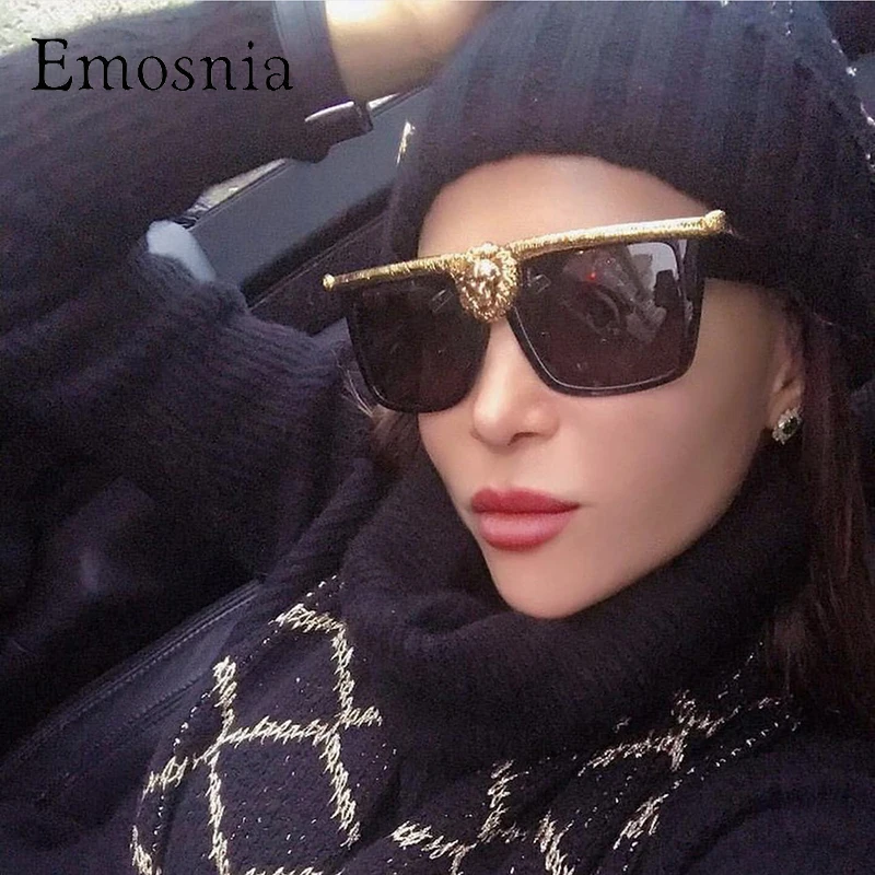 Emosnia, кошачий глаз, негабаритные солнцезащитные очки, мужские, пластиковая оправа, голова льва, оттенки, высокое качество, UV400, женские, квадратные, золотые,, Oculos De Sol