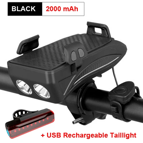 Set 2 Balck 2000mAh Велосипедный светильник NEWBOLER с подзарядкой от USB, флэш-светильник, держатель для телефона, велосипедный светильник высокого качества 2000/4000 мАч, внешний аккумулятор, велосипедный рожок, светодиодный светильник - Цвет: Set 2 Balck 2000mAh