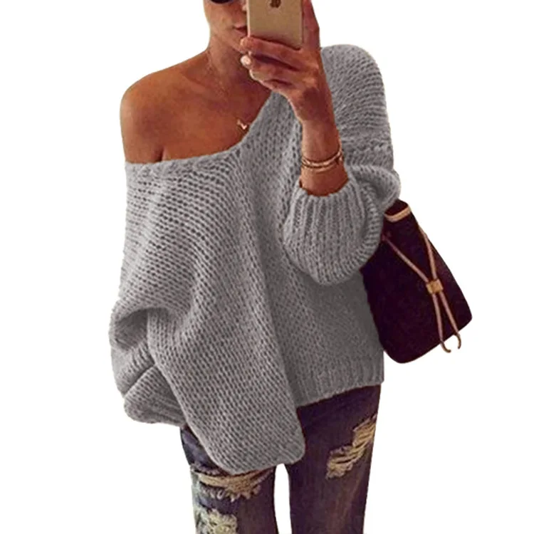 Light gray Sweater Толстые пуловеры размера плюс с открытыми плечами и рукавами летучая мышь, Осень-зима, новые милые однотонные вязаные женские свитера с v-образным вырезом, женские свитера для девушек - Цвет: Light gray Sweater