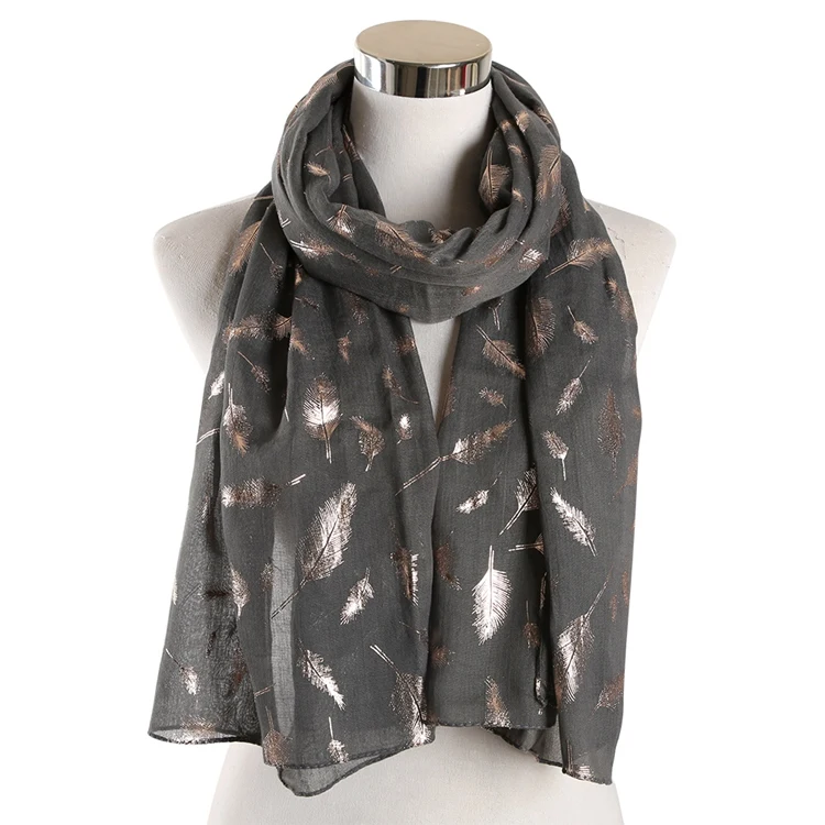 Dark Grey Gold Новые брендовые Модные женские блестящие белые желтые фиолетовые бронзовые Фольга серебряные перьевые шарфы для женщин - Цвет: Dark Grey Gold