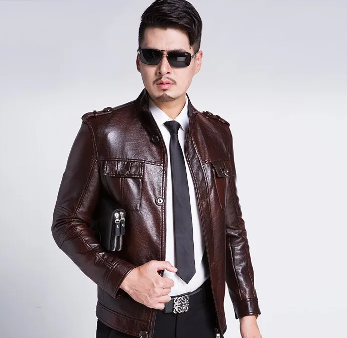 Мужская мотоциклетная куртка повседневная из овчины с воротником-стойкой