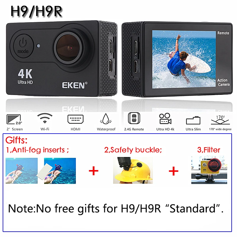 Eken H9/H9R экшн Камера 4K 30FPS со сверхвысоким разрешением Ultra HD, Wi-Fi, 2,0 170D подводный Водонепроницаемый шлема видео Камера s go Спортивная камера extreme pro