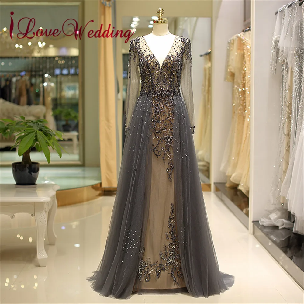 

Fashion New V Neck Long Sleeves Evening Gown Custom made A Line Tulle Crystal Beaded Formal Arabic Evening Dresses 80722