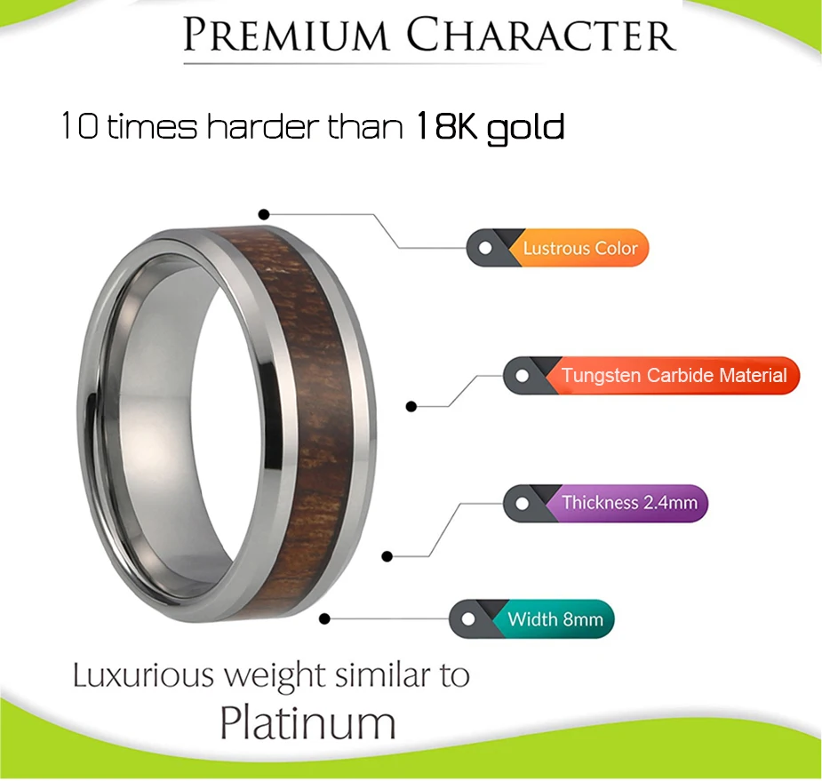 Mens Womens 8mm Tungsten Carbide Ring Mahogany Wood Inlay with Beveled Edges Vintage Wedding Engagement Band | Украшения и